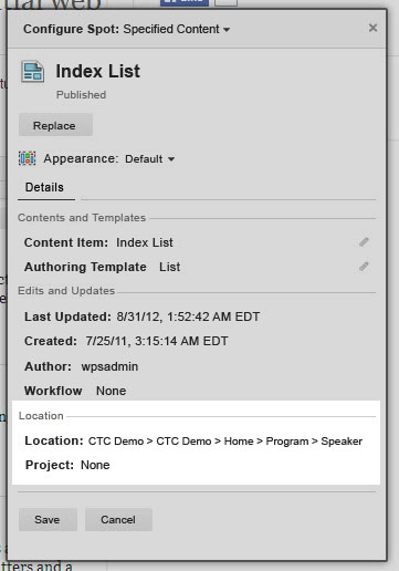 Configure Spot: Specified Content dialog highlighting the Location as CTC DemoCTC DemoHomeProgramSpeaker.